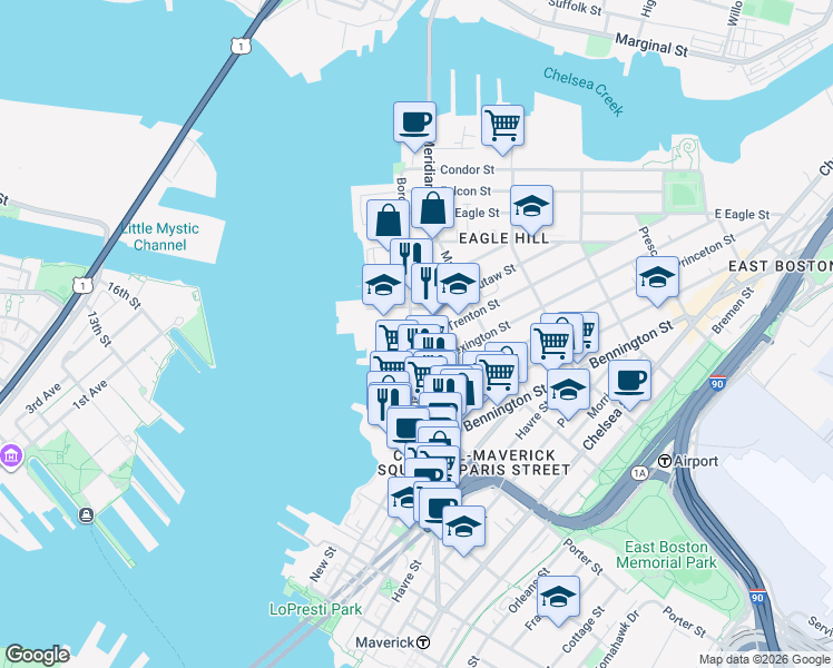 map of restaurants, bars, coffee shops, grocery stores, and more near 307 Border Street in Boston