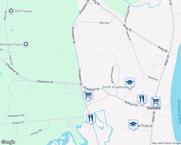 map of restaurants, bars, coffee shops, grocery stores, and more near 94 Prospect Street in Hatfield