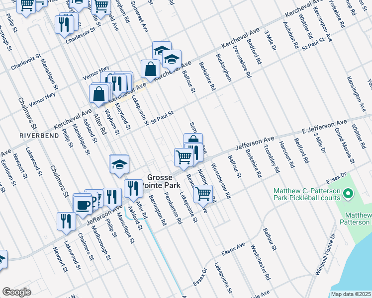 map of restaurants, bars, coffee shops, grocery stores, and more near 1011 Nottingham Road in Grosse Pointe Park