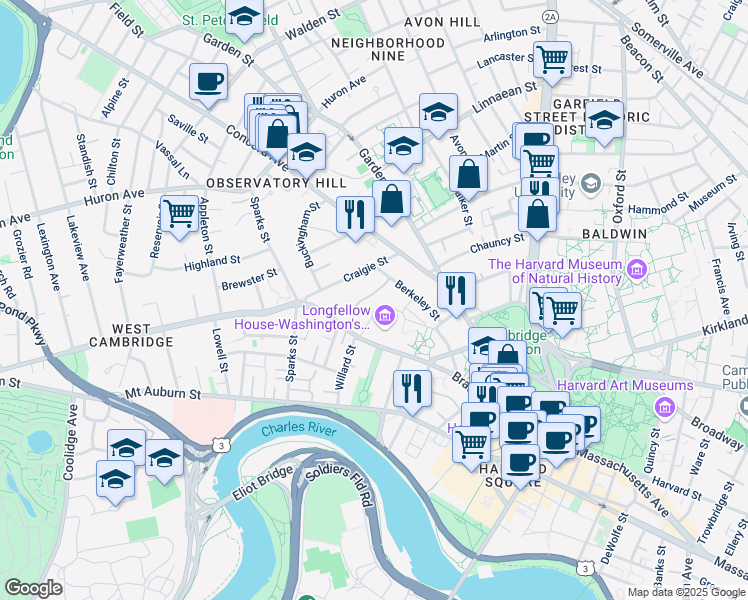 map of restaurants, bars, coffee shops, grocery stores, and more near 5 Berkeley Place in Cambridge