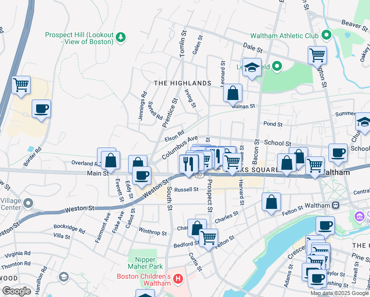 map of restaurants, bars, coffee shops, grocery stores, and more near 46 Wellington Street in Waltham