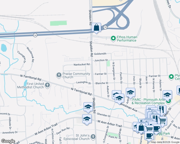 map of restaurants, bars, coffee shops, grocery stores, and more near 559 Sheldon Service Road in Plymouth