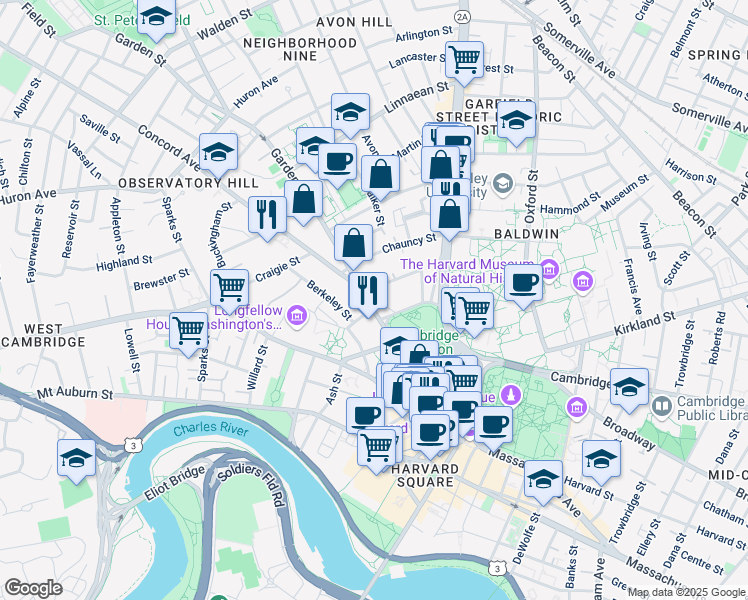 map of restaurants, bars, coffee shops, grocery stores, and more near 5 Concord Avenue in Cambridge