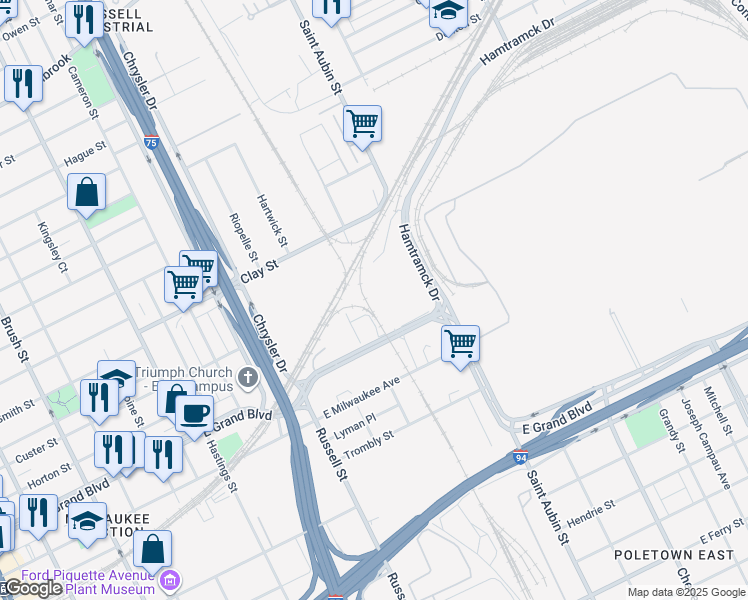 map of restaurants, bars, coffee shops, grocery stores, and more near 7401 Saint Aubin Street in Detroit