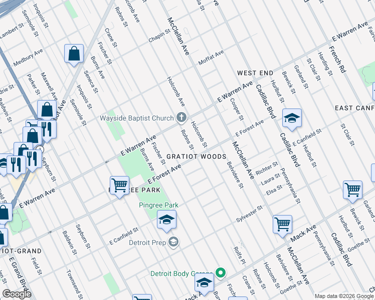 map of restaurants, bars, coffee shops, grocery stores, and more near 4729 Rohns Street in Detroit