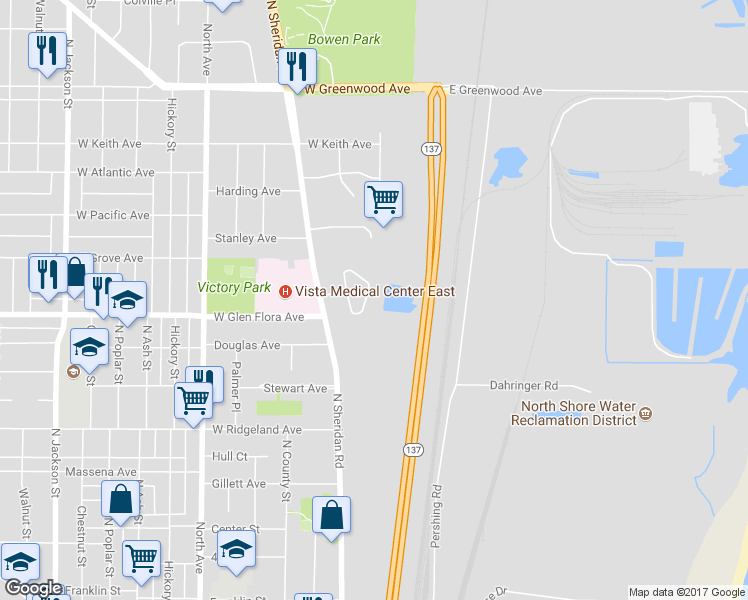 map of restaurants, bars, coffee shops, grocery stores, and more near 1311 Eastview Drive in Waukegan