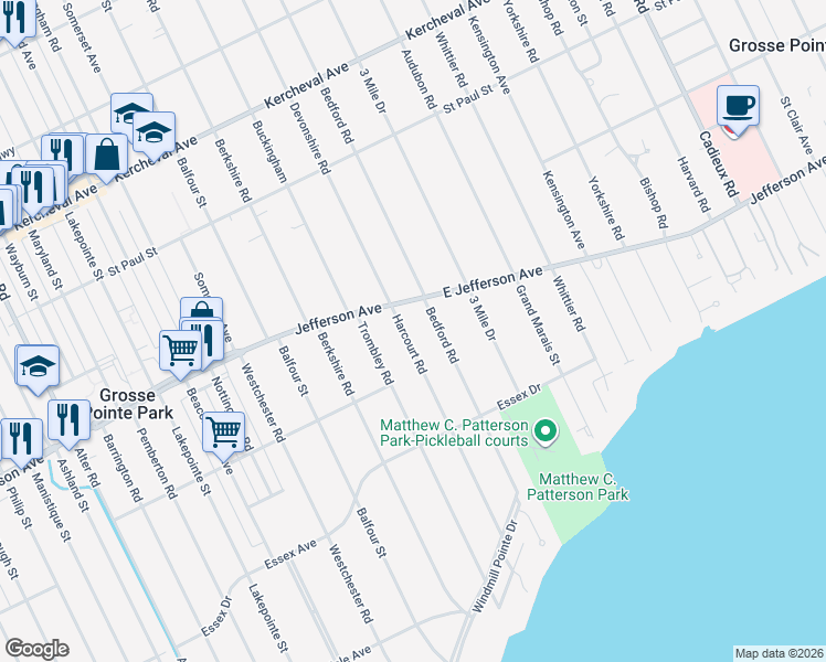 map of restaurants, bars, coffee shops, grocery stores, and more near 936 Harcourt Road in Grosse Pointe Park