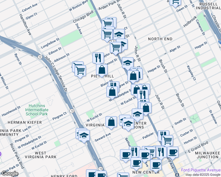 map of restaurants, bars, coffee shops, grocery stores, and more near 158 Pingree Street in Detroit