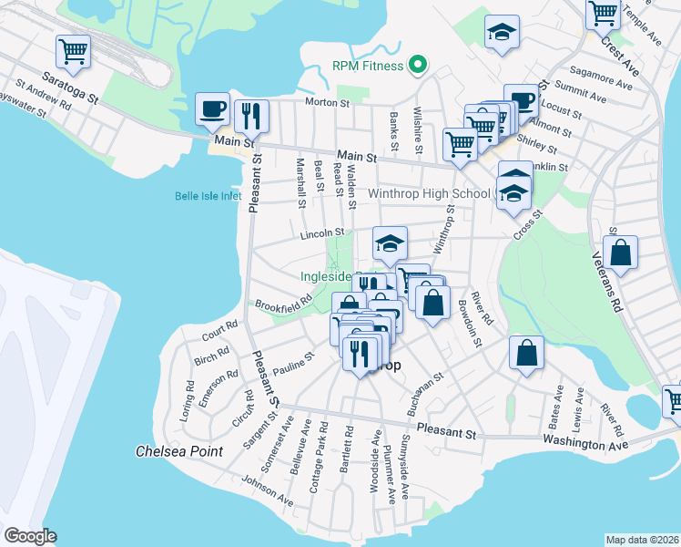 map of restaurants, bars, coffee shops, grocery stores, and more near 125 Brookfield Road in Winthrop