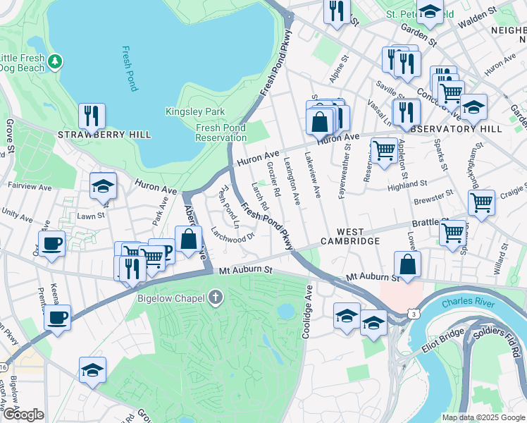 map of restaurants, bars, coffee shops, grocery stores, and more near 80 Larch Road in Cambridge