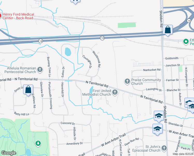 map of restaurants, bars, coffee shops, grocery stores, and more near 13516 Canterbury Court in Plymouth