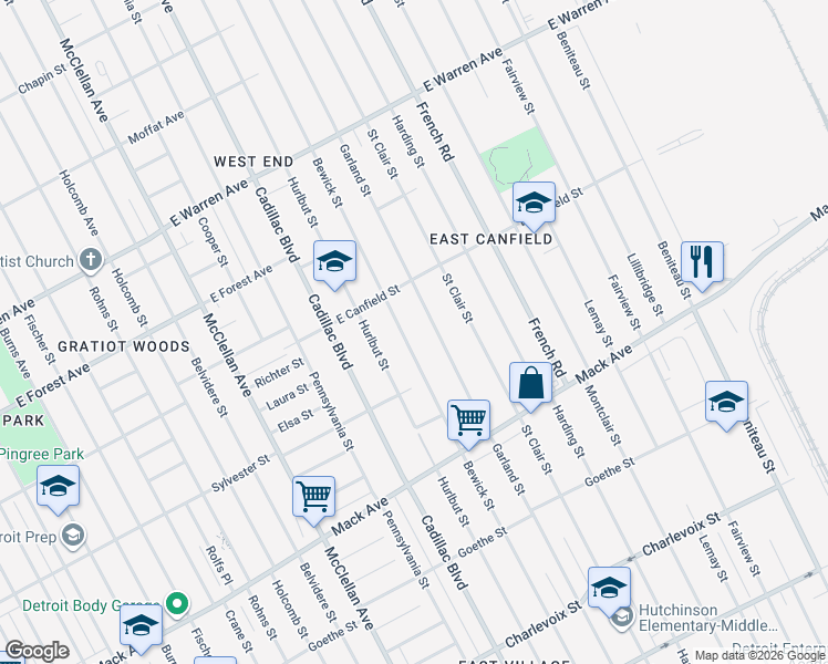 map of restaurants, bars, coffee shops, grocery stores, and more near 3962 Bewick Street in Detroit