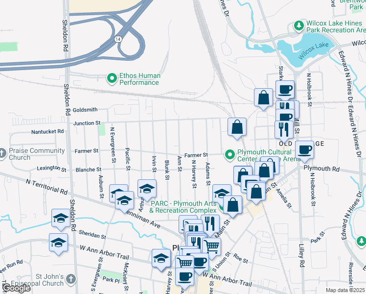map of restaurants, bars, coffee shops, grocery stores, and more near 558 Ann Street in Plymouth