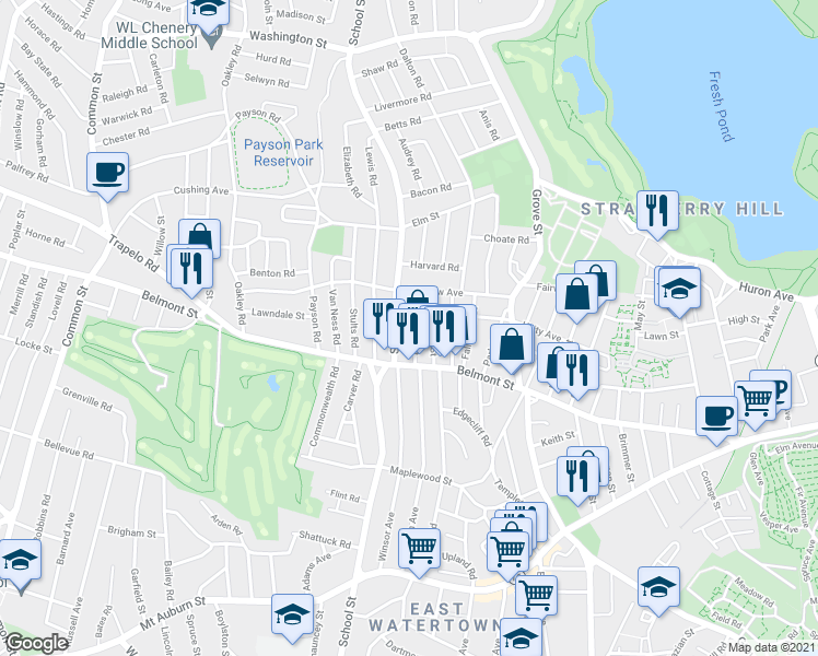 map of restaurants, bars, coffee shops, grocery stores, and more near 36-38 Newton Street in Belmont