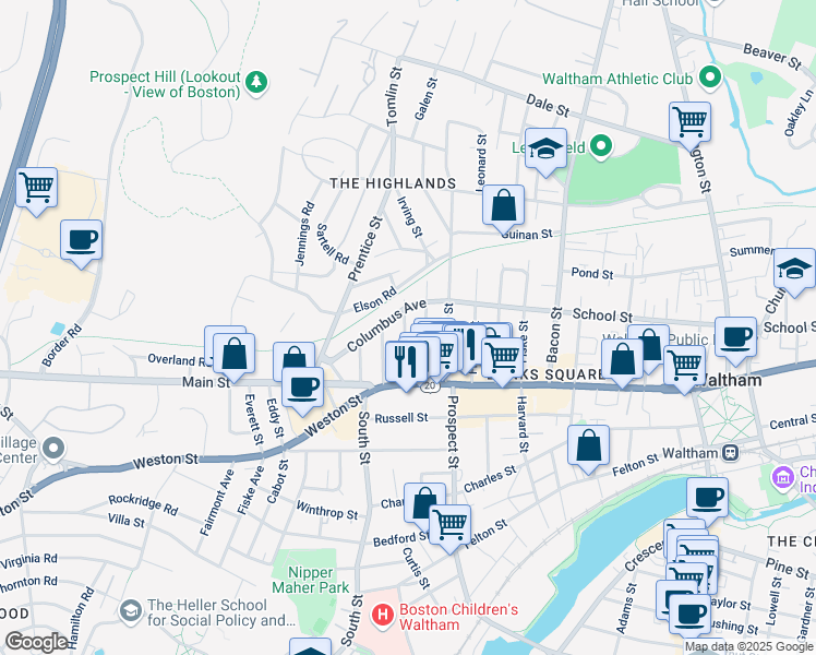 map of restaurants, bars, coffee shops, grocery stores, and more near 43 Wellington Street in Waltham