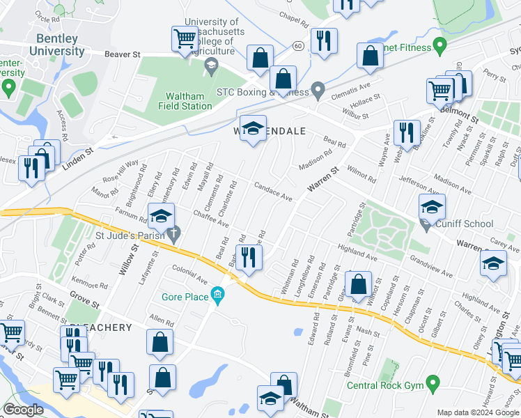 map of restaurants, bars, coffee shops, grocery stores, and more near 93 Barbara Road in Waltham