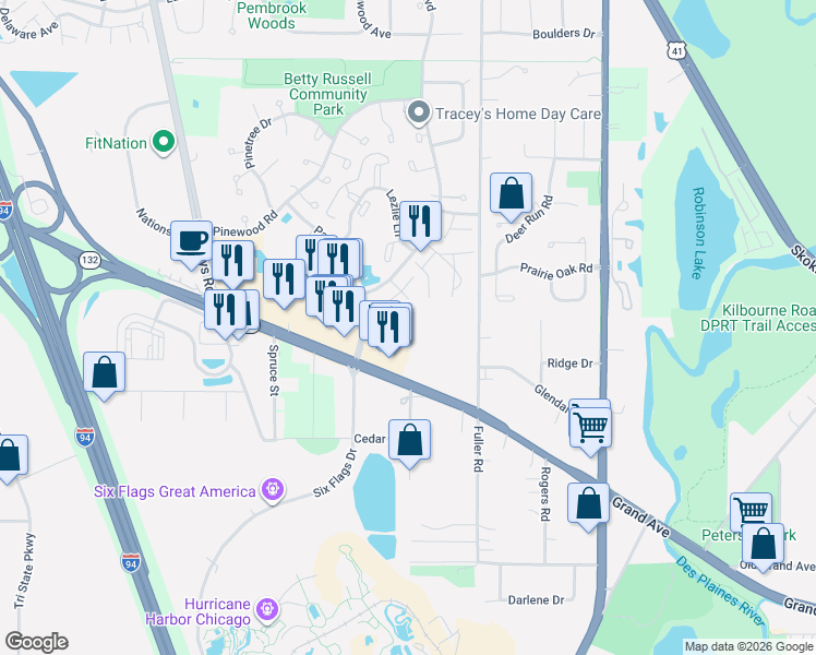map of restaurants, bars, coffee shops, grocery stores, and more near 5217 Willow Court in Gurnee