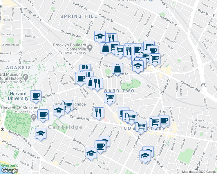 map of restaurants, bars, coffee shops, grocery stores, and more near 36 Magnus Avenue in Somerville