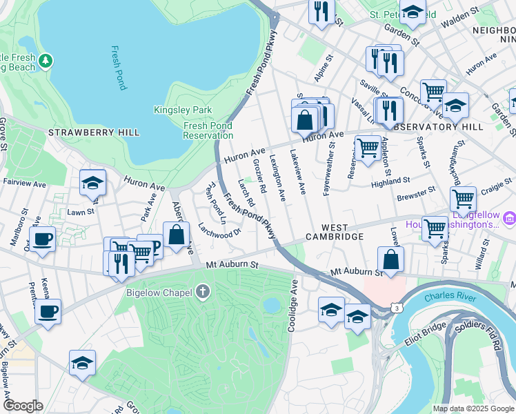 map of restaurants, bars, coffee shops, grocery stores, and more near 71 Larch Road in Cambridge