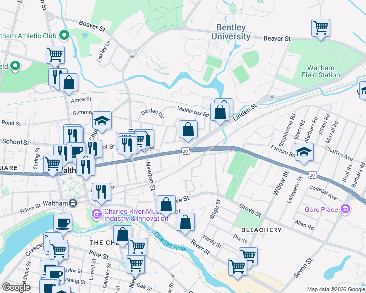 map of restaurants, bars, coffee shops, grocery stores, and more near 401 Main Street in Waltham