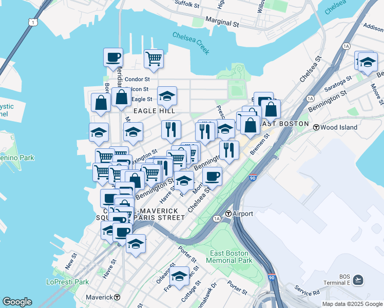 map of restaurants, bars, coffee shops, grocery stores, and more near 143 Princeton Street in Boston