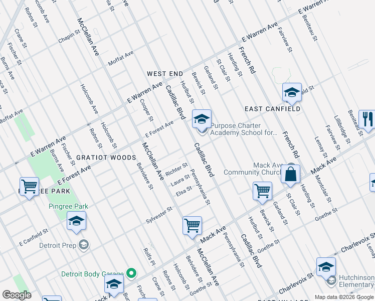 map of restaurants, bars, coffee shops, grocery stores, and more near 4406 Pennsylvania Street in Detroit