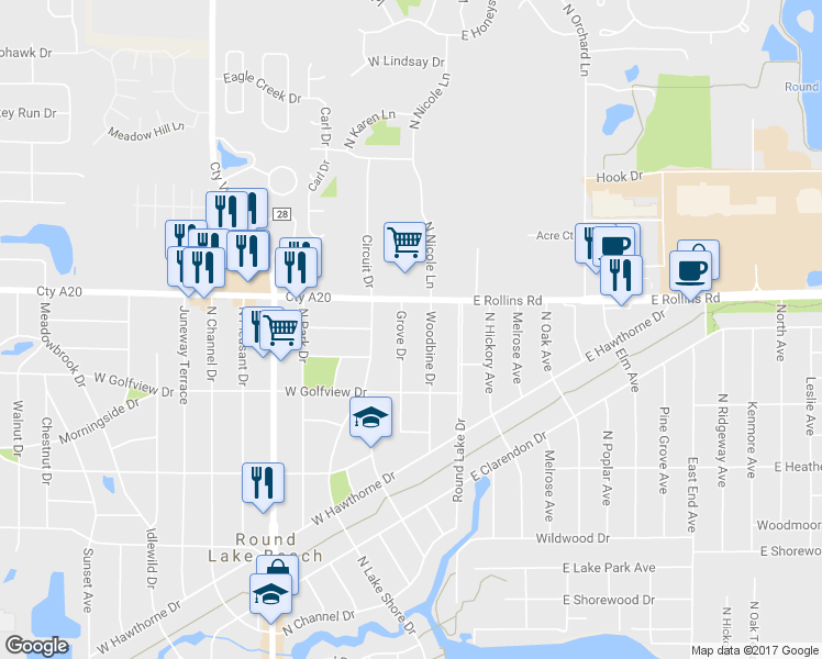 map of restaurants, bars, coffee shops, grocery stores, and more near 1617 Grove Drive in Round Lake Beach