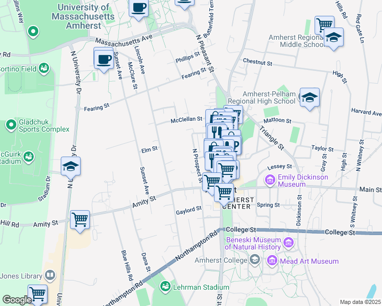 map of restaurants, bars, coffee shops, grocery stores, and more near 62 North Prospect Street in Amherst
