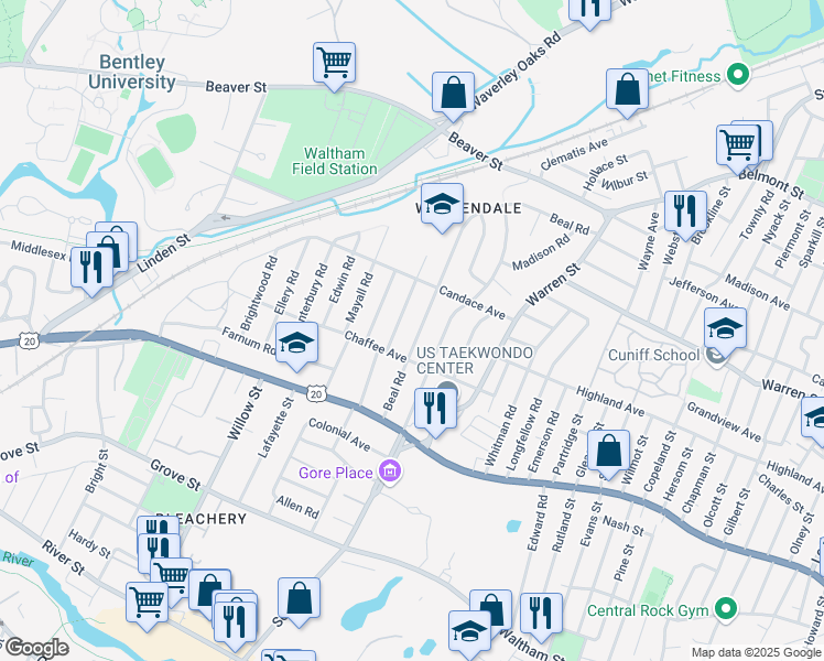 map of restaurants, bars, coffee shops, grocery stores, and more near 78 Beal Road in Waltham