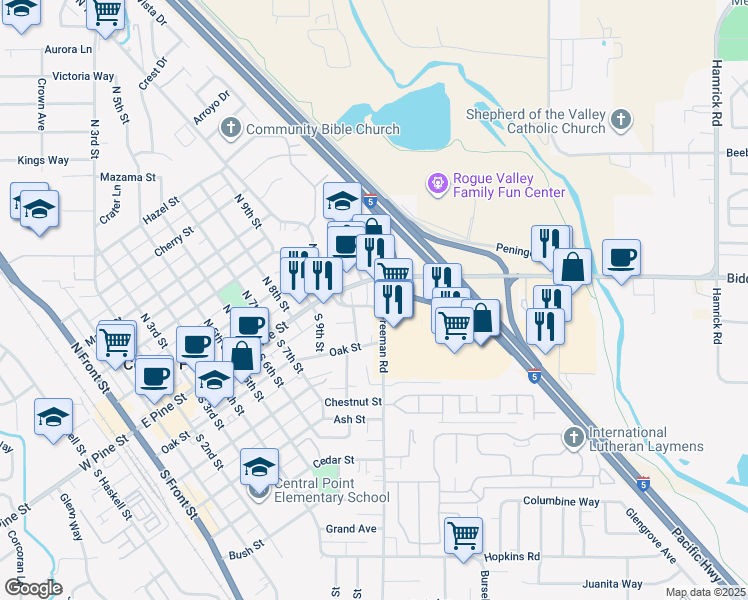 map of restaurants, bars, coffee shops, grocery stores, and more near 81 Freeman Road in Central Point