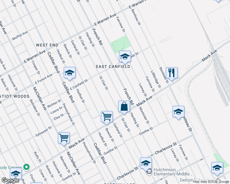 map of restaurants, bars, coffee shops, grocery stores, and more near 3881 Harding Street in Detroit