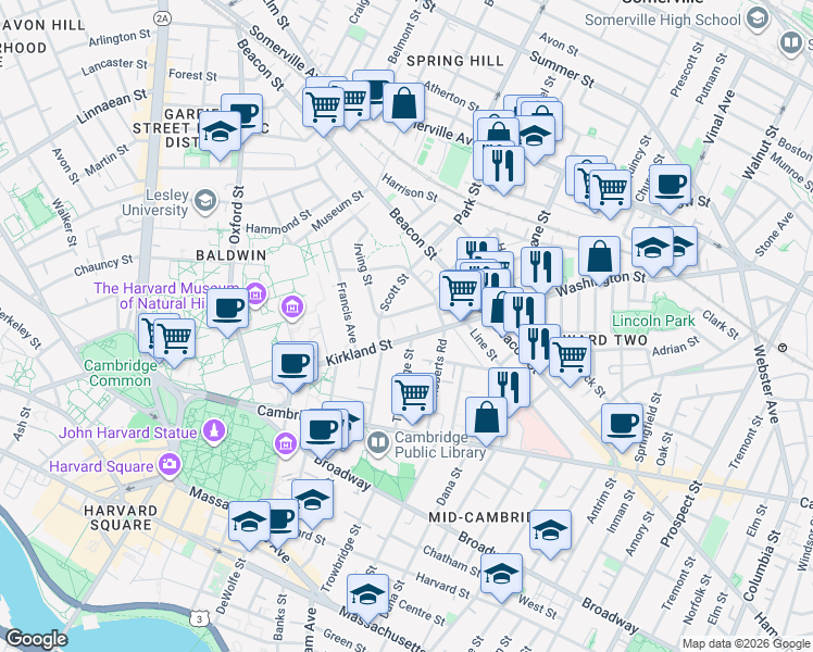 map of restaurants, bars, coffee shops, grocery stores, and more near 67 Kirkland Street in Cambridge