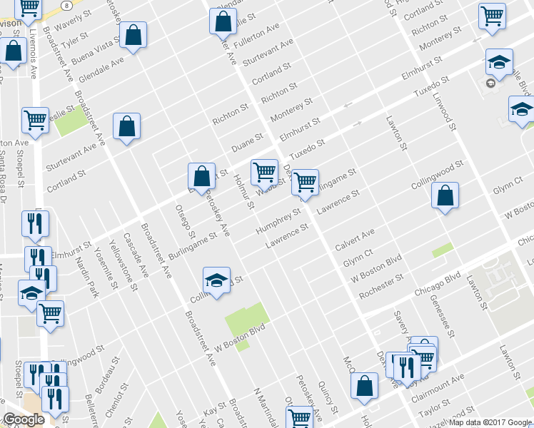 map of restaurants, bars, coffee shops, grocery stores, and more near 3821 Burlingame Street in Detroit