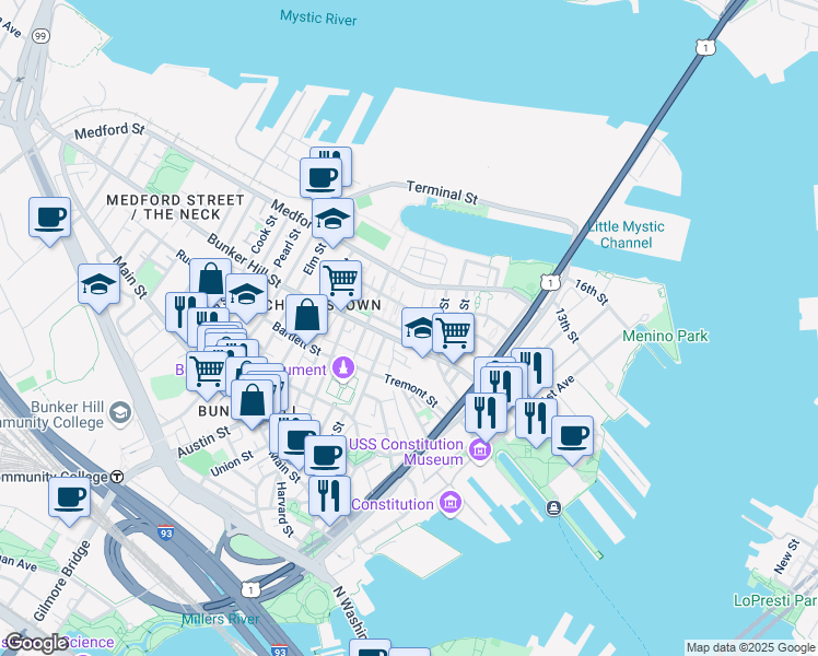 map of restaurants, bars, coffee shops, grocery stores, and more near 33 O Reilly Way in Boston
