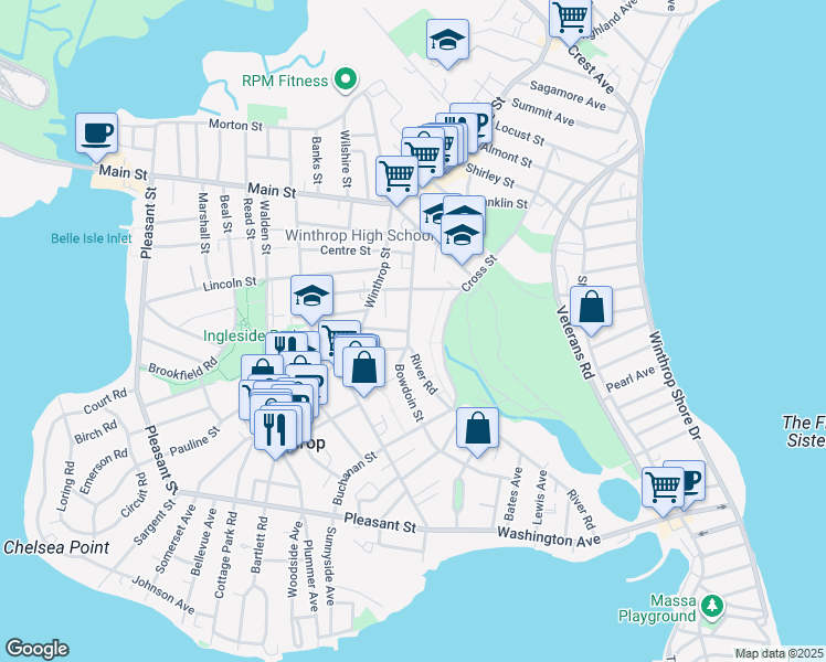 map of restaurants, bars, coffee shops, grocery stores, and more near 112 Bowdoin Street in Winthrop