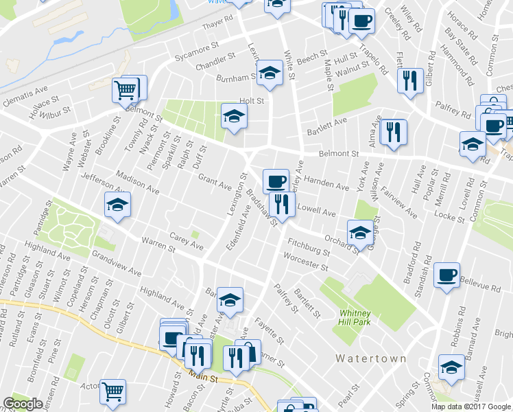 map of restaurants, bars, coffee shops, grocery stores, and more near 50 Bradshaw Street in Watertown