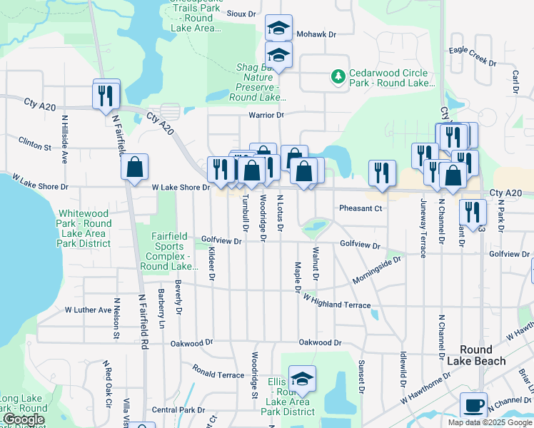 map of restaurants, bars, coffee shops, grocery stores, and more near 1613 North Woodridge Drive in Round Lake Beach