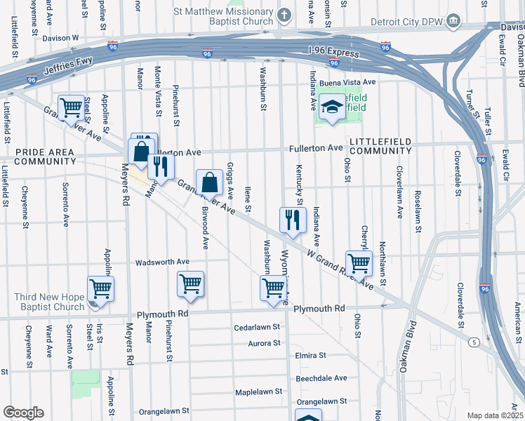 map of restaurants, bars, coffee shops, grocery stores, and more near 12153 Washburn Street in Detroit
