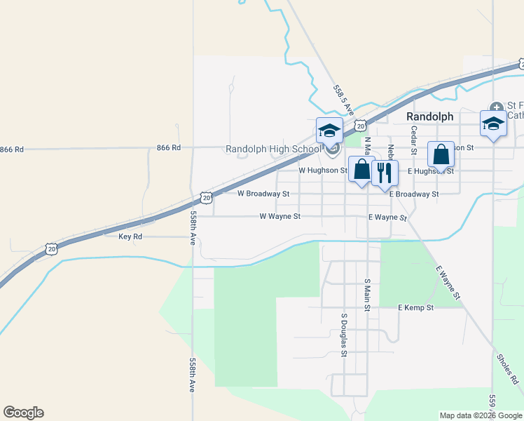 map of restaurants, bars, coffee shops, grocery stores, and more near 508 West Wayne Street in Randolph