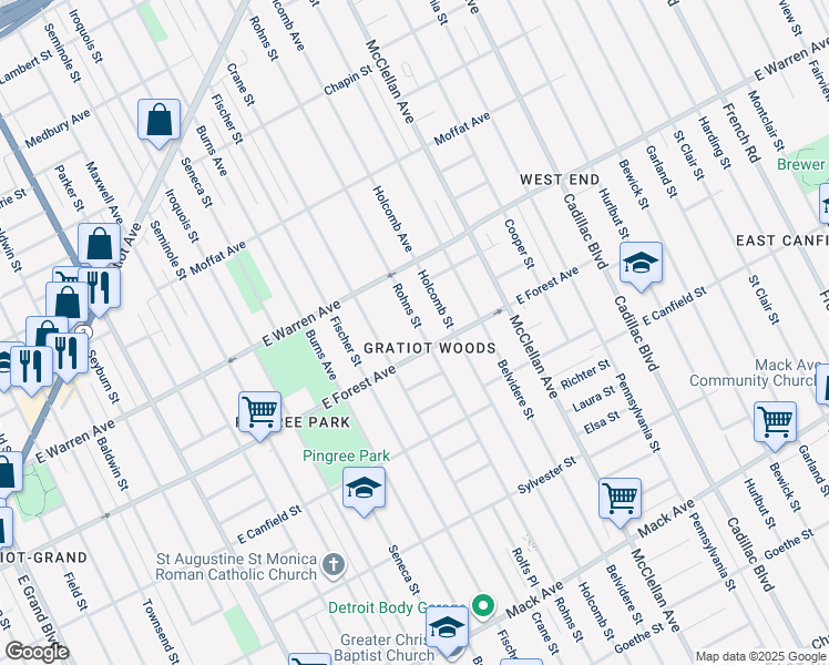 map of restaurants, bars, coffee shops, grocery stores, and more near 4729 Rohns Street in Detroit