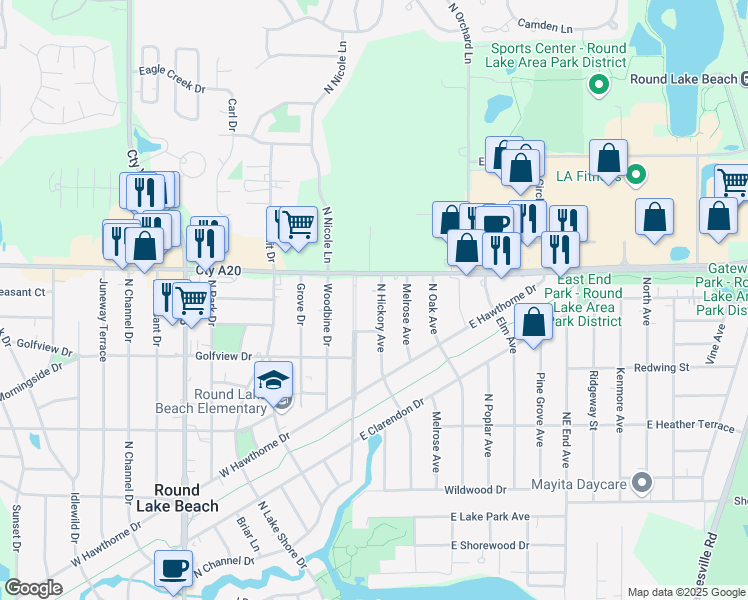 map of restaurants, bars, coffee shops, grocery stores, and more near 1620 North Hickory Avenue in Round Lake Beach