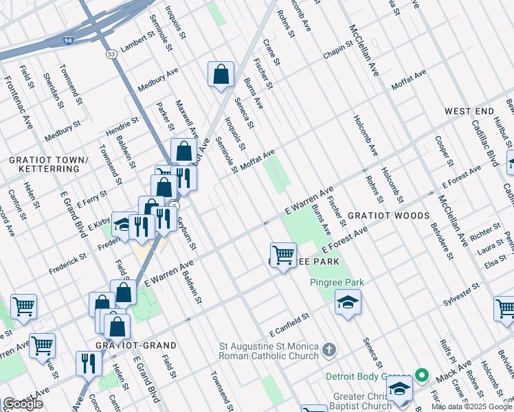 map of restaurants, bars, coffee shops, grocery stores, and more near 5050 Seminole Street in Detroit