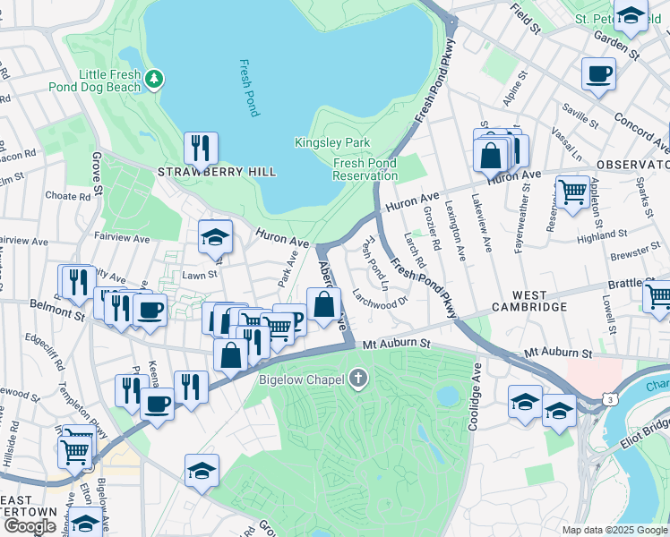 map of restaurants, bars, coffee shops, grocery stores, and more near 99 Aberdeen Avenue in Cambridge