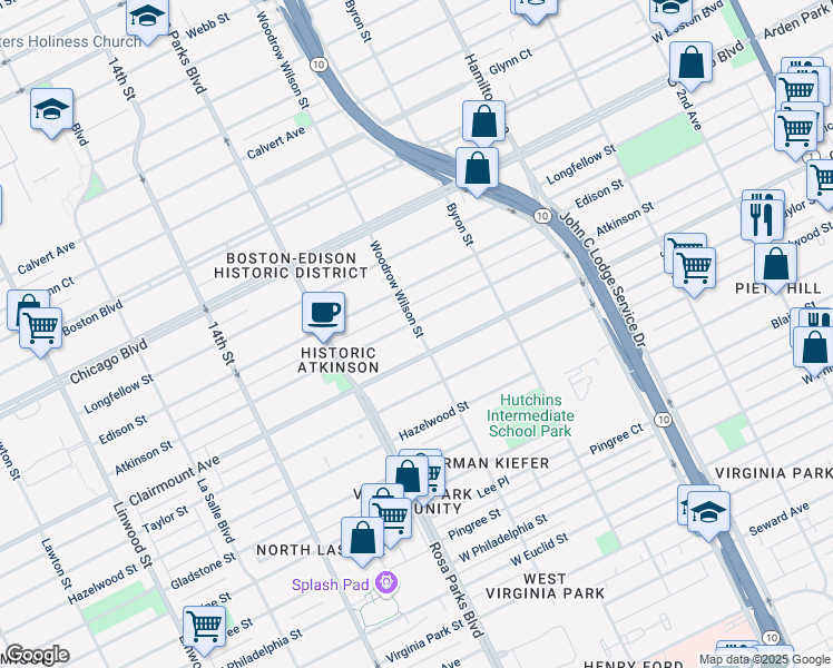 map of restaurants, bars, coffee shops, grocery stores, and more near 1605 Atkinson Street in Detroit