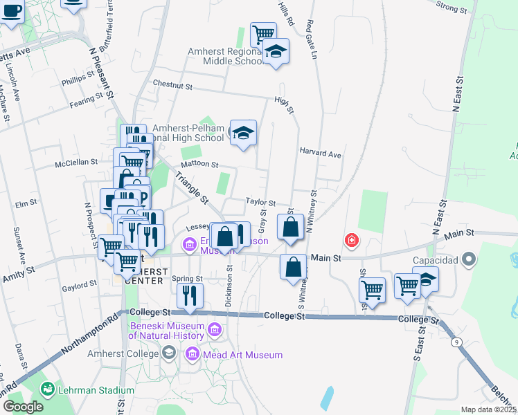 map of restaurants, bars, coffee shops, grocery stores, and more near 62 Gray Street in Amherst