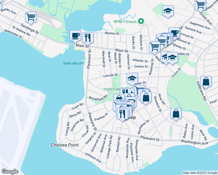 map of restaurants, bars, coffee shops, grocery stores, and more near 86 Ingleside Avenue in Winthrop