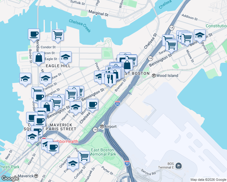 map of restaurants, bars, coffee shops, grocery stores, and more near 375 Bremen Street in Boston