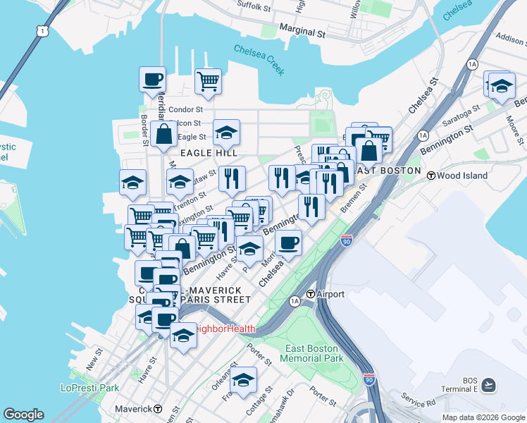 map of restaurants, bars, coffee shops, grocery stores, and more near 245 Saratoga Street in Boston