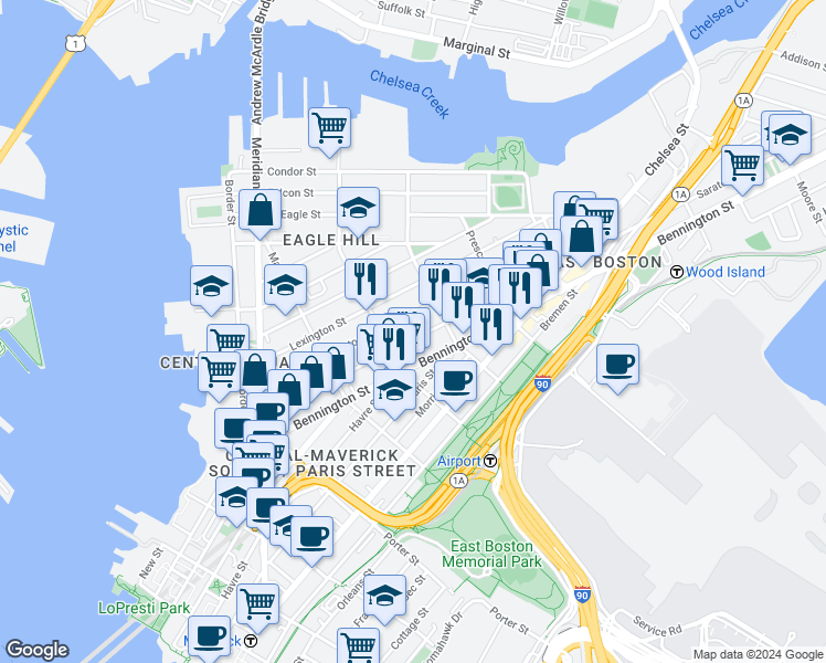 map of restaurants, bars, coffee shops, grocery stores, and more near 245 Saratoga Street in Boston