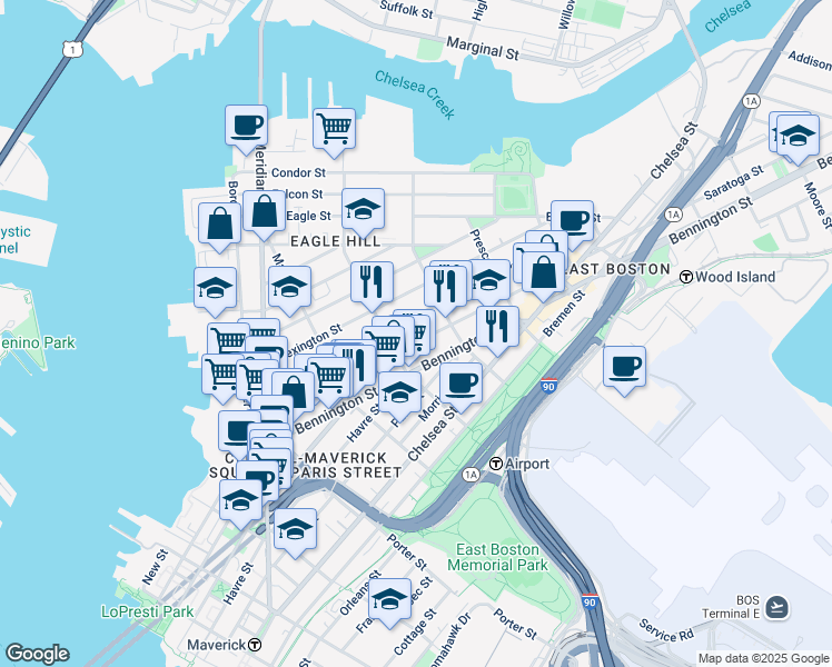 map of restaurants, bars, coffee shops, grocery stores, and more near 143 Princeton Street in Boston